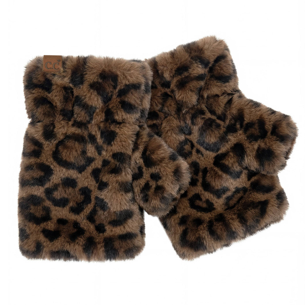 Brown C.C Leopard Fur Fingerless Winter Gloves