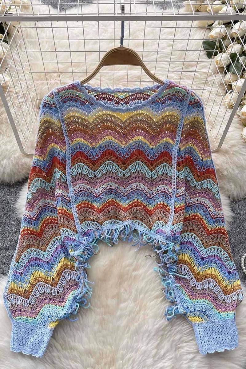 Blue Handcrafted Wave-Pattern Knit Blouse