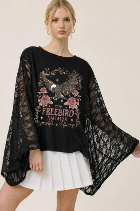 Black Free Bird America 1776 Graphic Lace Wing Oversized Top