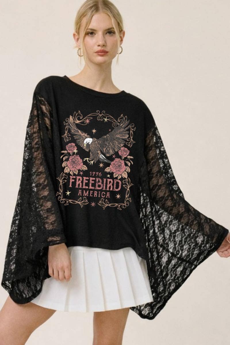 Black Free Bird America 1776 Graphic Lace Wing Oversized Top
