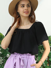Black Square Ruffle Neck Short Sleeve Blouses