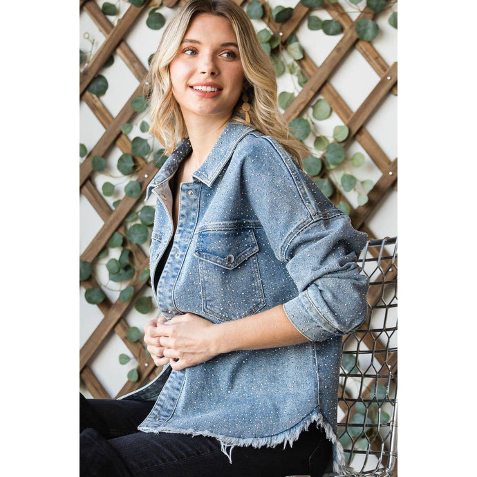 Med Wash Plus Sparkling Snap Button Denim Veveret Shacket