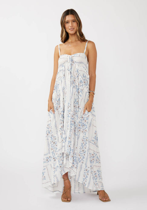 Creamy Dusty Blue Hi-Lo Spaghetti Strap Patchwork Ruffle Maxi Dress