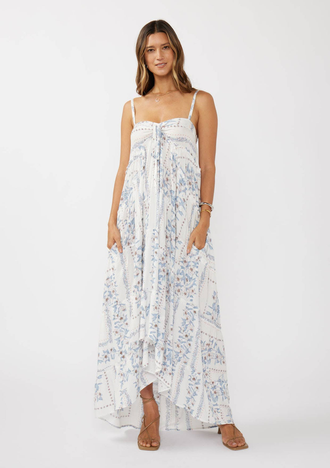Creamy Dusty Blue Hi-Lo Spaghetti Strap Patchwork Ruffle Maxi Dress