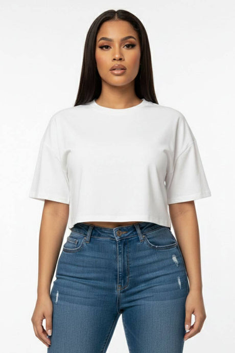 White Short Sleeve Round Neck Basic Crop Top