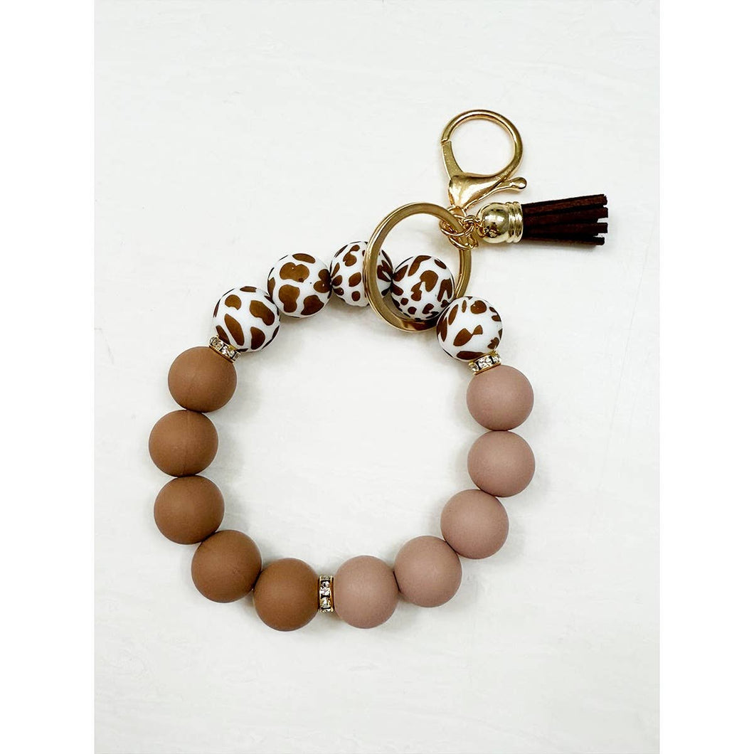 Taupe Leo Beaded Keychain Wristlet Key Ring Bracelet