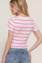 Off White Pink Short Sleeve Crew Neck Y/D Stripe Knit Crop Top