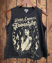 Vintage Black Here Comes Trouble  Muscle Crop Top