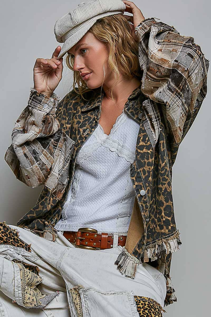 Allover Print Pattern Raw-Edge Fringe Trim Shirt Jacket: CHOCO MULTI / L