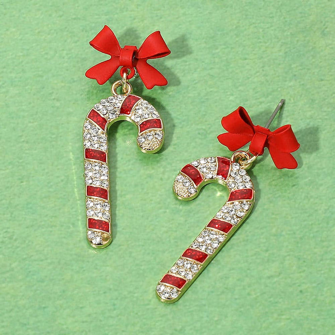 Rhinestone Pave Christmas Candy Cane Bow Drop Dangle Earrings