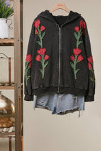 Black Floral Embroidered Zip-Up Hoodie