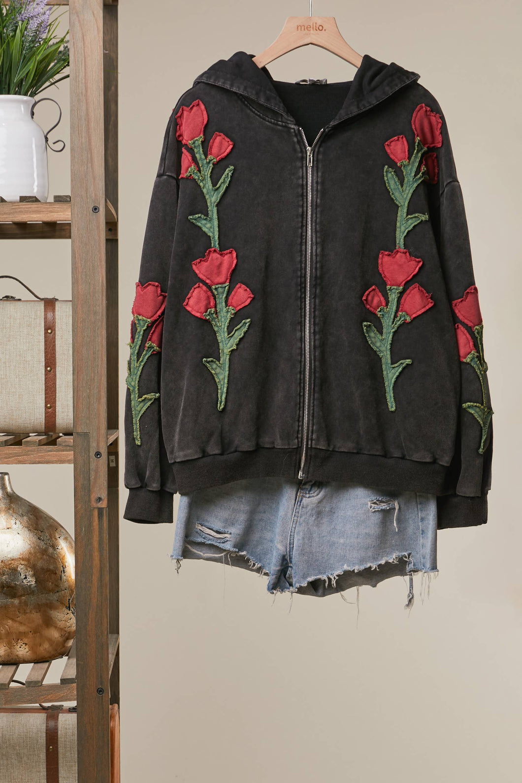 Black Floral Embroidered Zip-Up Hoodie