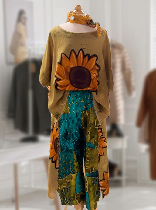 Hi-Lo in Olive with Sunflower Print Tunic