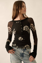 Black Floral-Print Mesh Raglan-Sleeve Henley Top