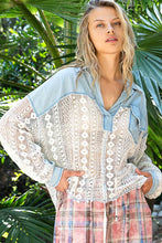 Denim Collared contrast ribbed panel lace crochet chest pocket POL top