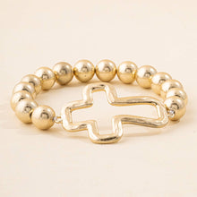 Silver Hammered Open Cross Ball Bead Stretch Bracelet