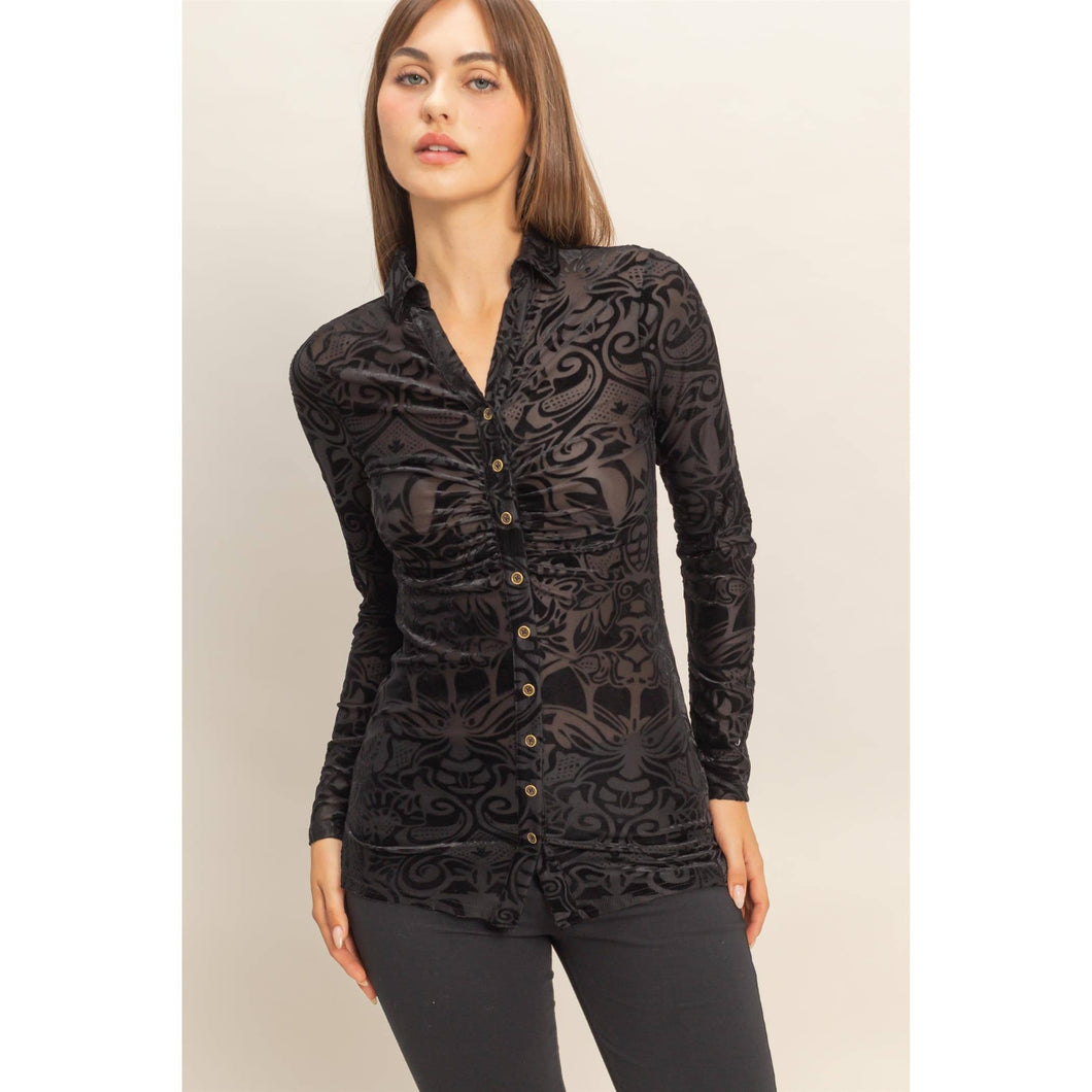 Black Certain To Charm Burnout Velvet Ruched Shirt
