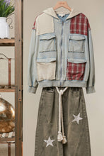 Washed Blue Plaid Patch Hoodie