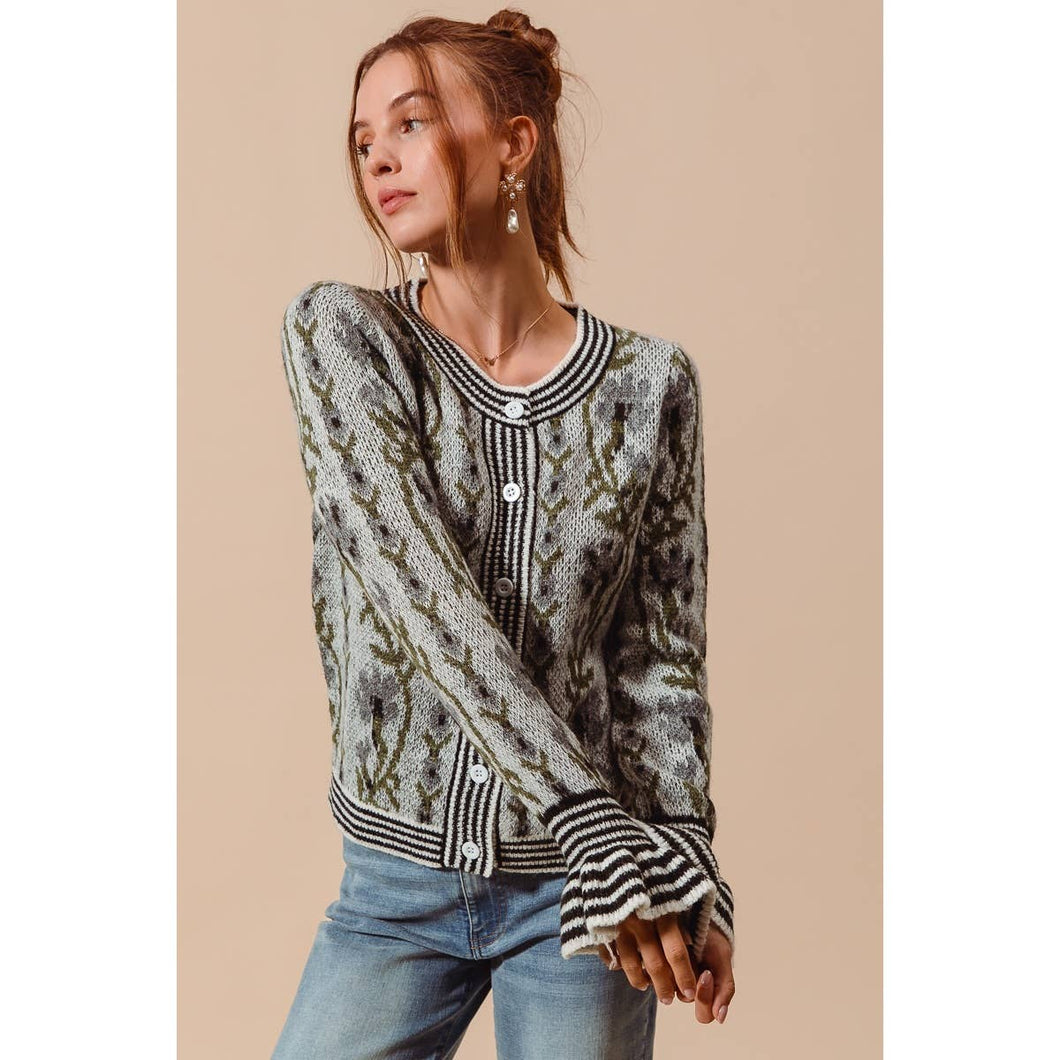 Black Floral Intarsia Button Up Cardigan