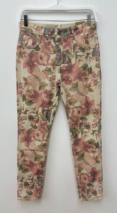 Beige Floral Reversible Denim Venti Pants