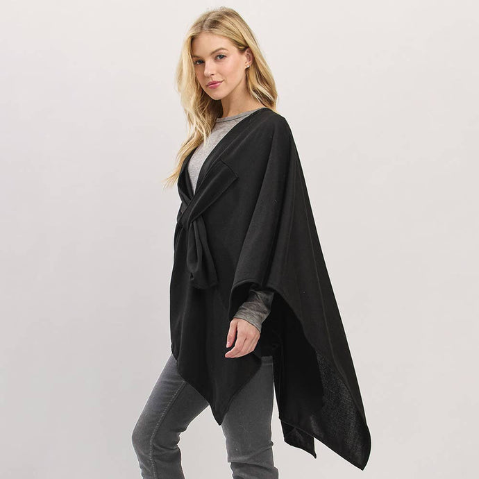 Black Asymmetrical Hem Solid Pull Through Draped Tie-Front Wrap Poncho