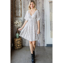 Grey Floral Deep V Neck Tie Waist Dress
