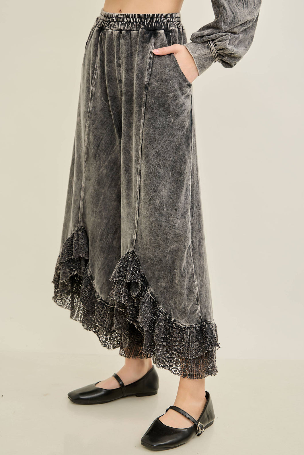 Ashed Black Mineral Washed Lace Ruffles Cropped J.Her Pants