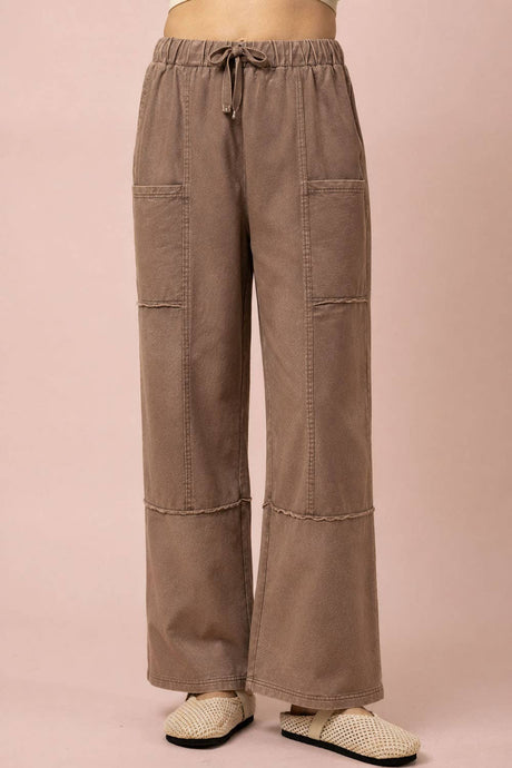 Mocha Mineral Washed Wide Leg Casual Comfy Pants