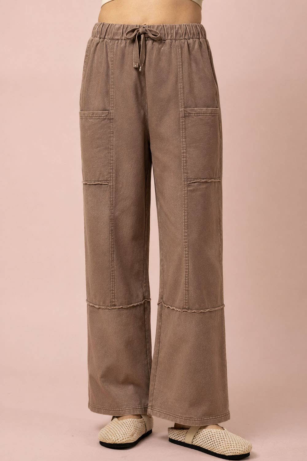 Mocha Mineral Washed Wide Leg Casual Comfy Pants