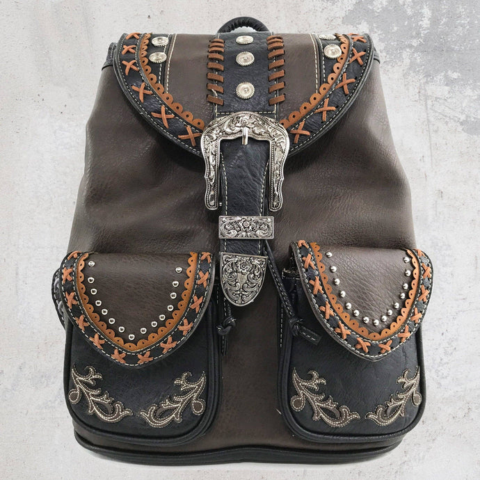 Brown Western Leather Buckle Backpack: