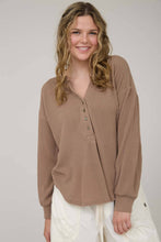 Mocha Washed Ribbed Long Sleeve Henley Knit Top