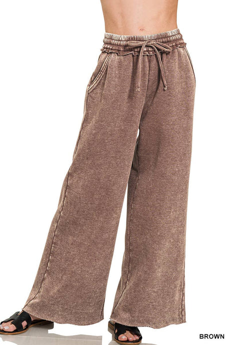 Brown Acid Wash Fleece Palazzo Sweatpants With Pockets