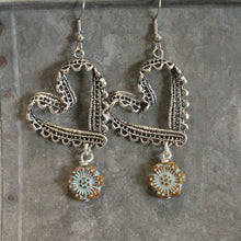 Czech Flower Silver Heart Earrings