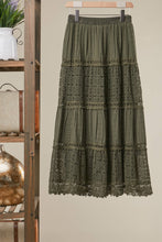 Olive Elastic Waist Maxi Mello Skirt with Lace Trim