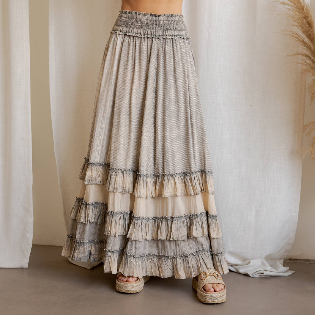 Latte Rustic Textured Smocked Waist Ruffled Tiered Maxi Skirt