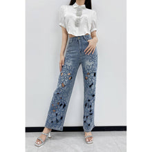 Blue Embroidered Cutout Straight Leg Jeans