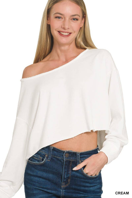 Cream French Terry Boatneck Crop Top