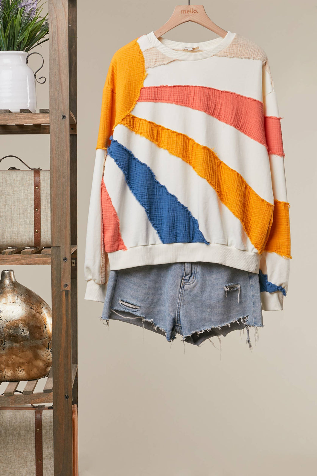Ivory Mixed Fabric Sun Patchwork Sweatshirt