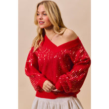 Red Christmas Sequins V Neck Sweater