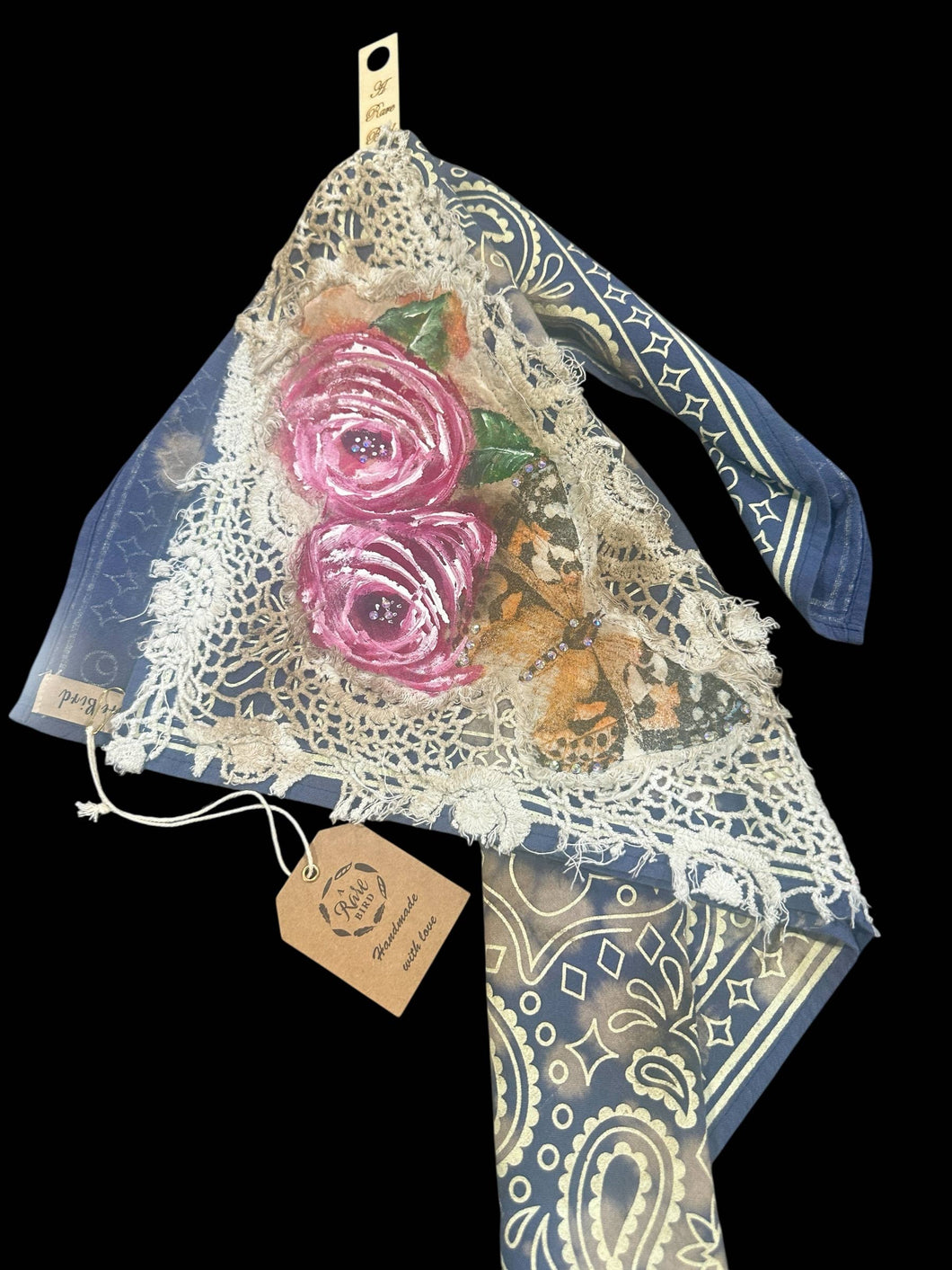Navy Vintage Hand Painted Rare Bird Bandana