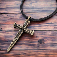 Large Rugged Antique Brass Nail Cross Pendant Necklace