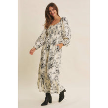 Cream Charcoal Cozy Fall Picnic Floral Smocked Maxi Dress