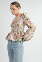 Pink Floral Jacquard Peplum Blouse