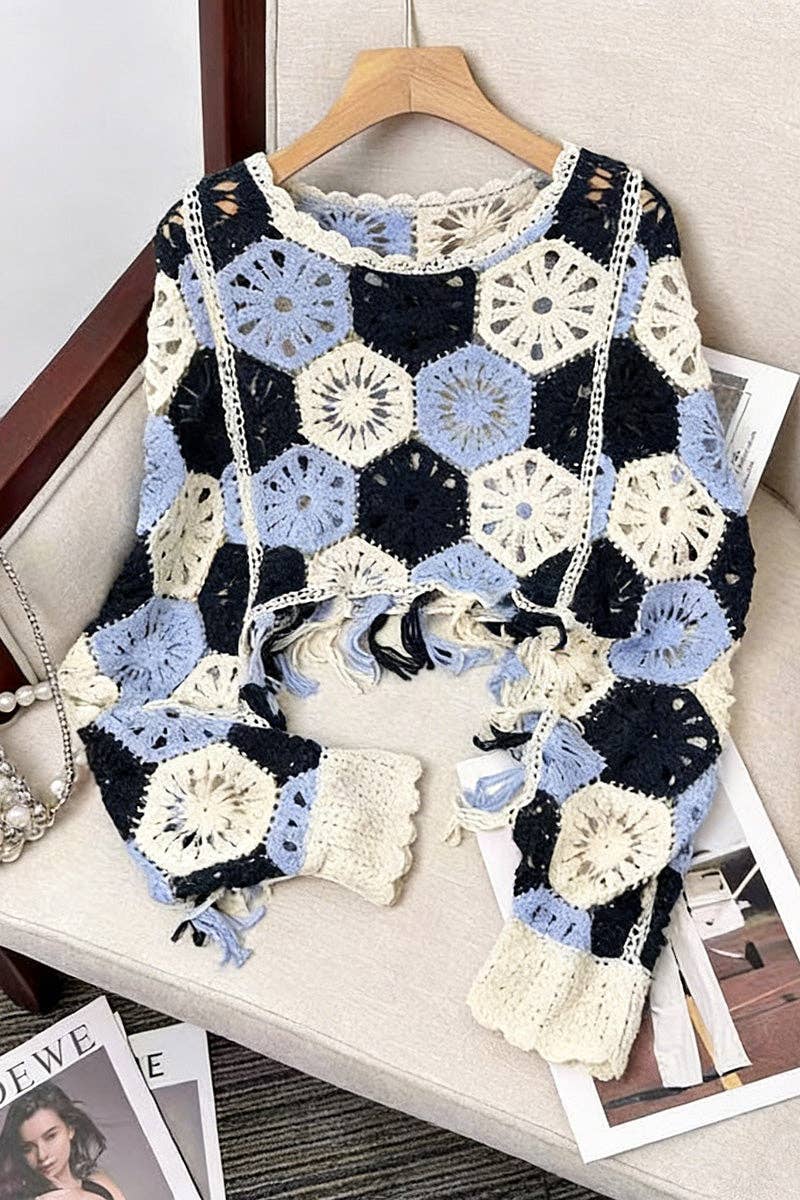 Blue Chic Crochet Fringe Knit Top