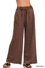 Brown Acid Wash Fleece Palazzo Sweatpants With Pockets