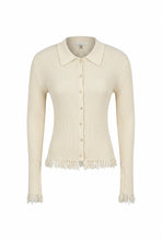 Ivory Knit Long Sleeve Top with Collar and Fringe Detail