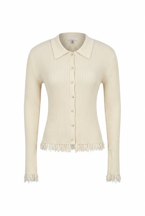 Ivory Knit Long Sleeve Top with Collar and Fringe Detail