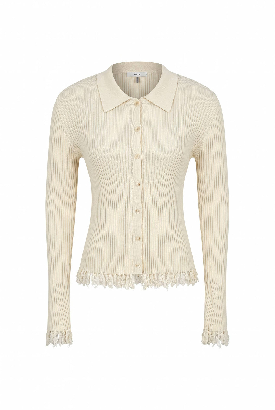 Ivory Knit Long Sleeve Top with Collar and Fringe Detail