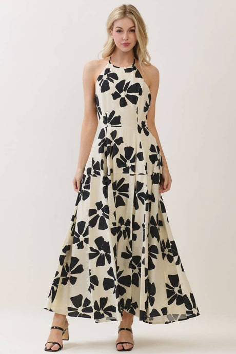 Ivory Floral Print Sleeveless Halter Maxi Dress