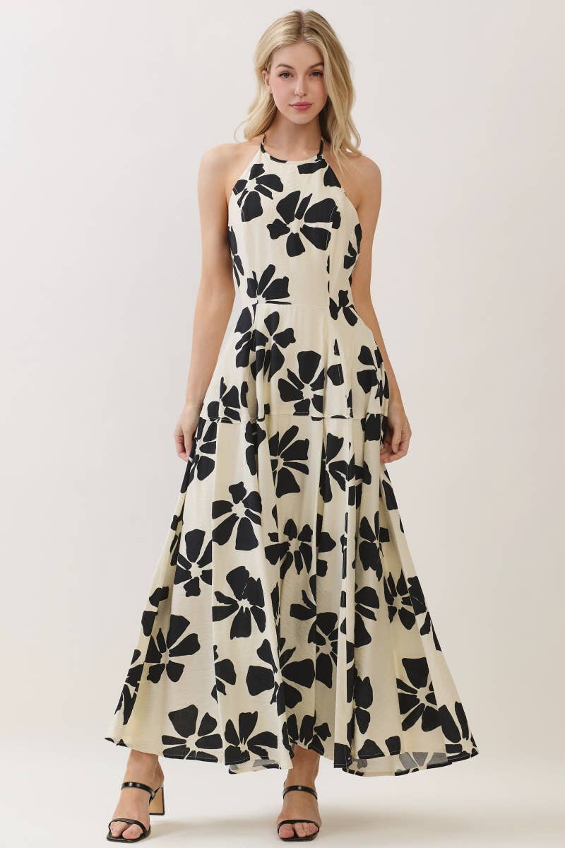 Ivory Floral Print Sleeveless Halter Maxi Dress